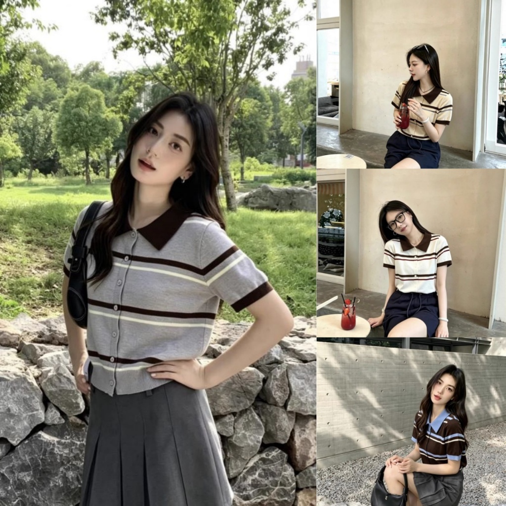 เสื้อไหมพรมคอปก แขนสั้น ลายทาง สไตล์วินเทจย้อนยุค ทรงสลิมฟิต แมทช์ง่าย สุดคูล ตัดสี แบบเกาหลี