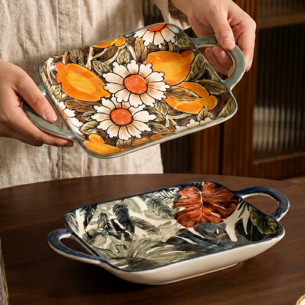 HongDian ถาดอบเซรามิกพรีเมียมทรงสี่เหลี่ยมหูจับคู่ 10 นิ้ว baking dish เลือกลาย Tropical Rainforest หรือ Daisy Lemon สีใต้เคลือบไม่ซีด เหมาะอบลาซานญ่า ผักย่าง เสิร์ฟสเต๊ก พาสต้า ของว่าง ใช้เตาอบ ไมโครเวฟ เครื่องล้างจาน จัดโต๊ะคาเฟ่ ของขวัญ