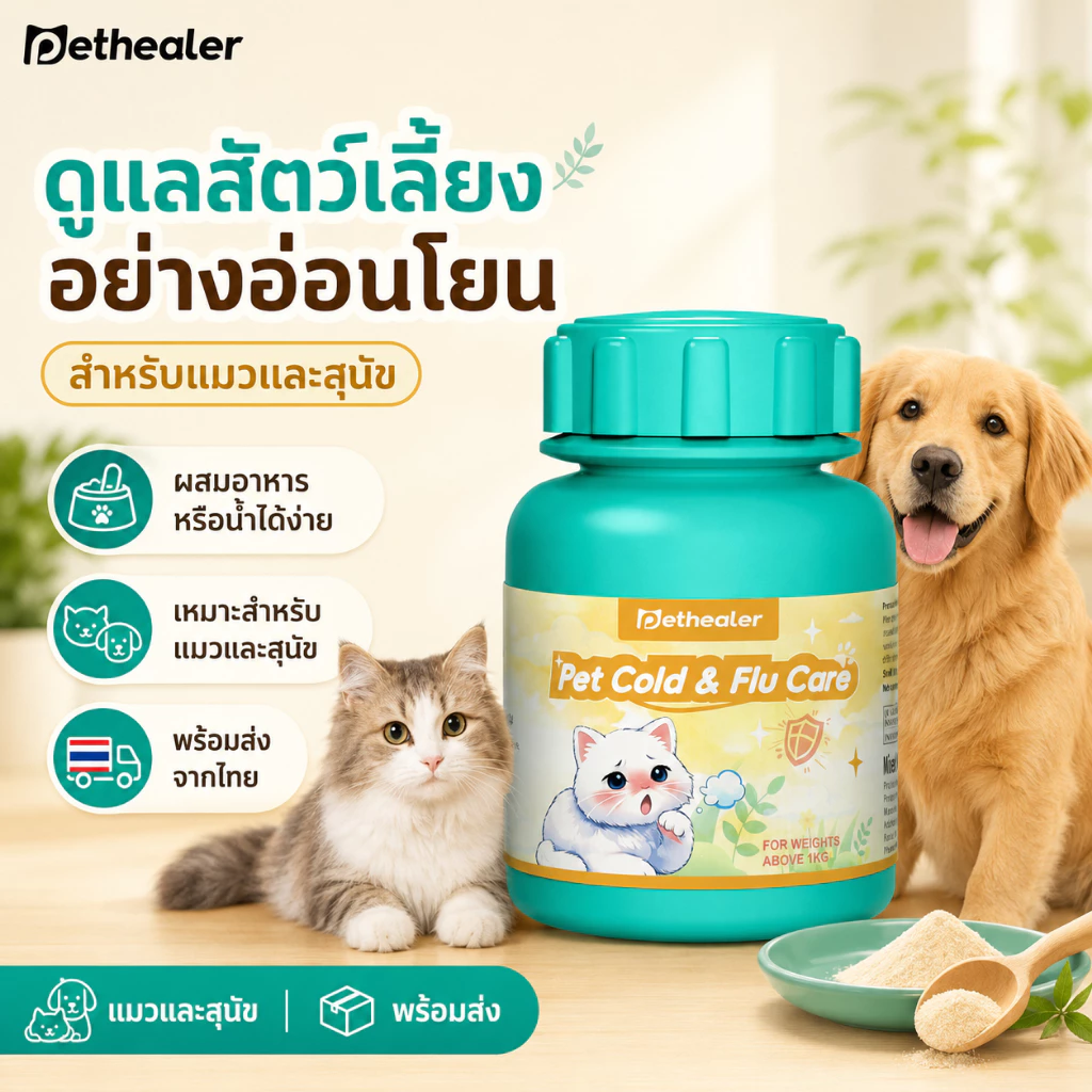 Pethealer Pet Cold & Flu Care | ดูแลอาการไม่สบายของสุนัขและแมว | ผงผสมอาหารหรือน้ำ | พร้อมส่งจากไทย