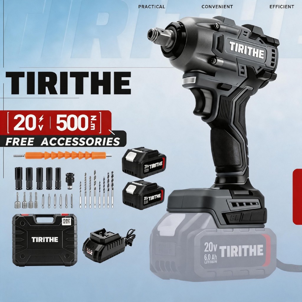 TIRITHE cordless wrench ประแจผลกระทบ 20V ประแจไร้แปรงถ่าน 500NM พร้อมแบตเตอรี่ 2 ก้อน