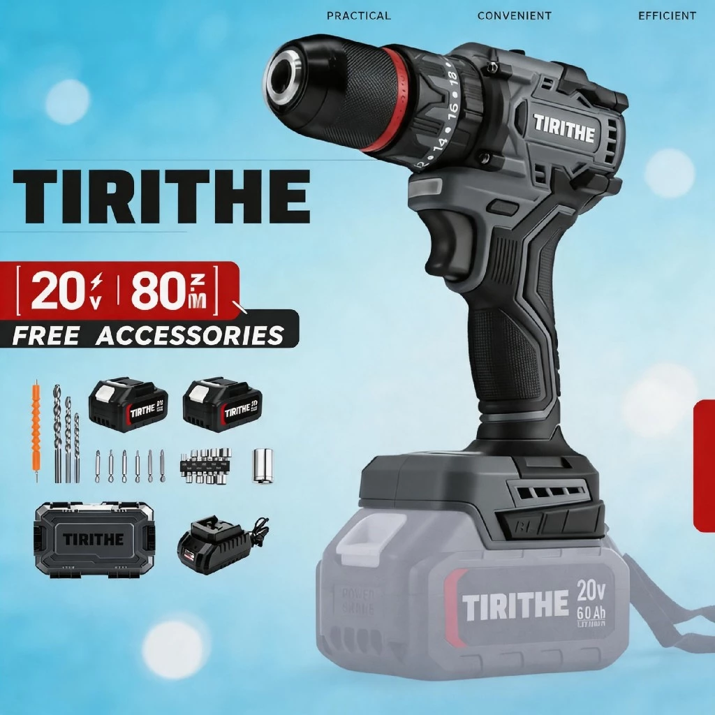 TIRITHE 13MM สว่านไร้สาย Impacrt สว่านไร้แปรงถ่านมืออาชีพ พร้อมแบตเตอรี่สองก้อน