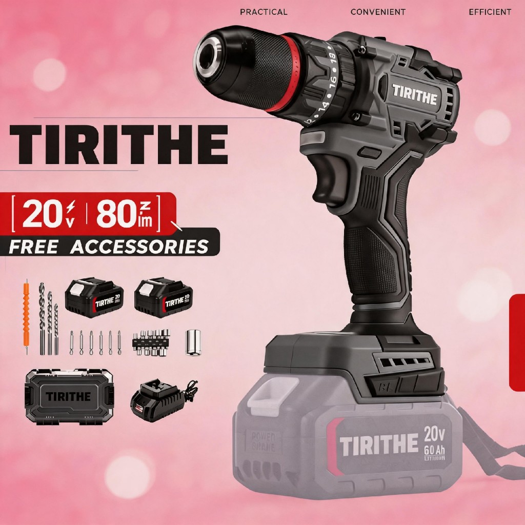สว่านไร้สายแบบไร้แปรง 13MM เครื่องมือระดับโปร พร้อมแบตเตอรี่ 2 ก้อน – TIRITHE Professional Cordless Drill