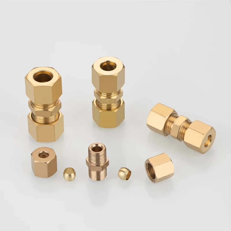 การบีบอัด Double Union Connector ทองเหลืองท่อ Fitting สําหรับ 1/8 3/16 1/4 5/16 3/8 1/2 หลอด