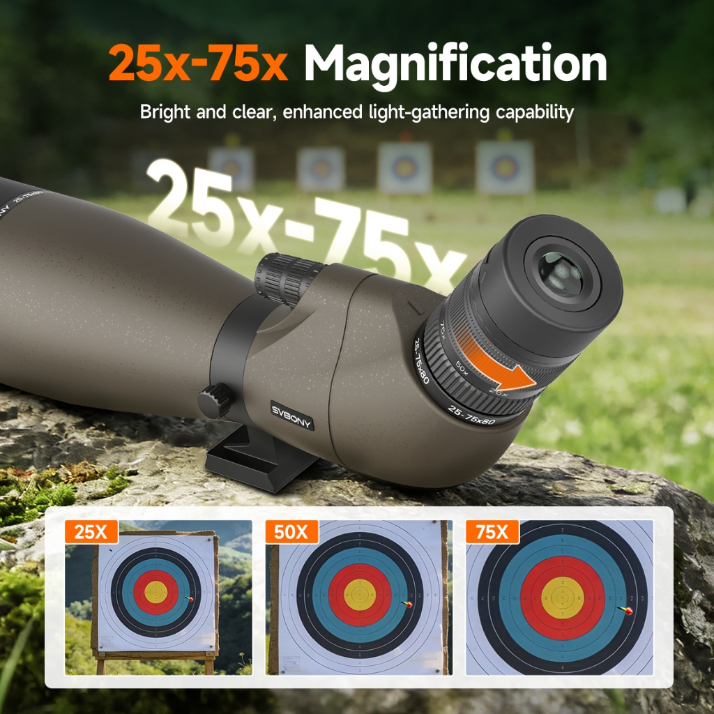 Svbony SV29 Spotting Scope กว้าง FOV 25-75x80 มม.รูรับแสงขนาดใหญ่ความละเอียดสูงพร้อมอินเทอร์เฟซ 1.25 นิ้วสําหรับการฝึกอบรมยิงธนู — صورة 2