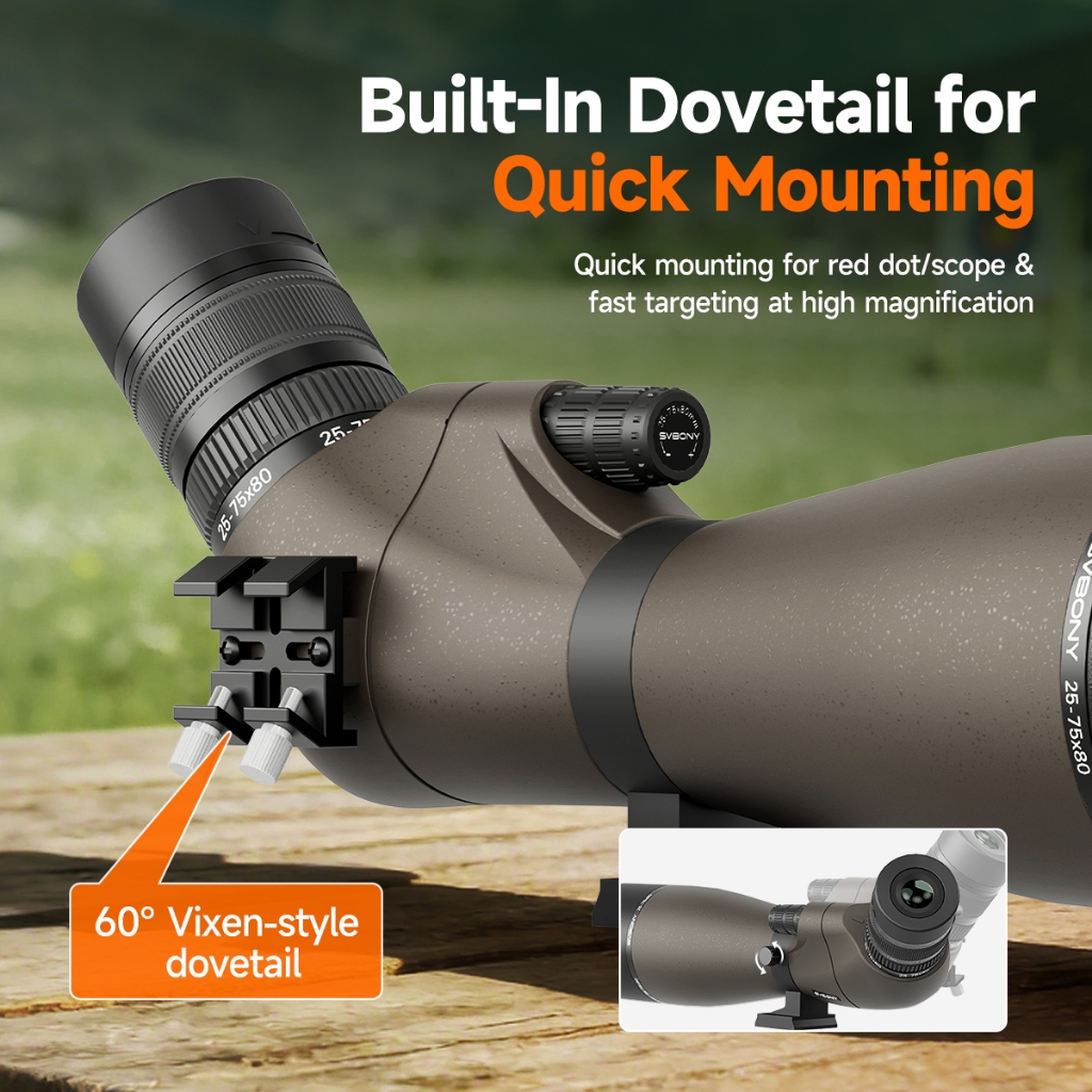 Svbony SV29 Spotting Scope กว้าง FOV 25-75x80 มม.รูรับแสงขนาดใหญ่ความละเอียดสูงพร้อมอินเทอร์เฟซ 1.25 นิ้วสําหรับการฝึกอบรมยิงธนู — صورة 6