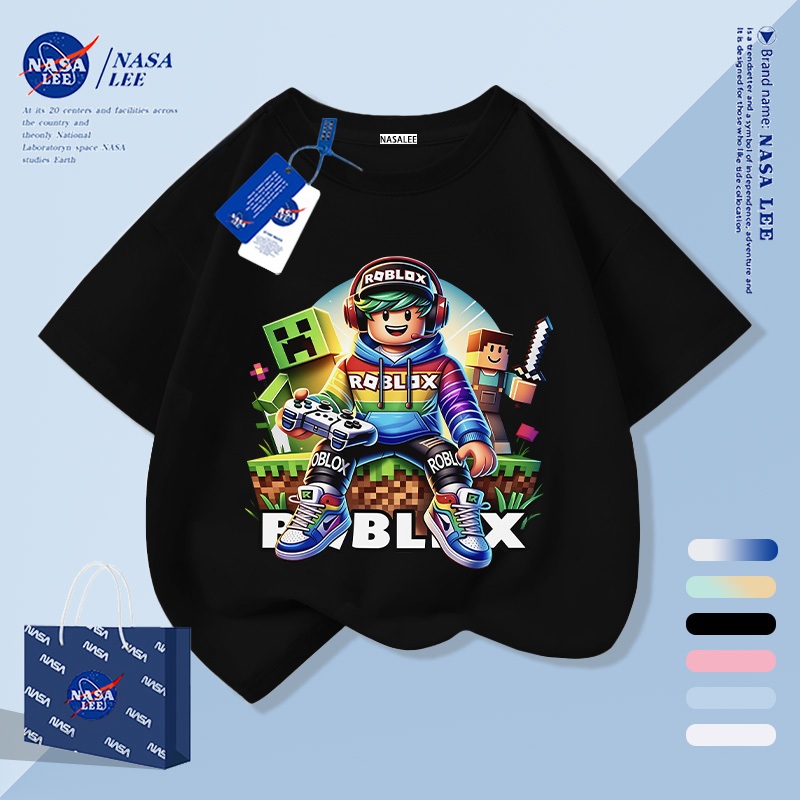 【จัดส่งภายใน 1 วันในกรุงเทพฯ】เสื้อยืดเด็กสีดำผ้าฝ้ายแท้ระบายอากาศดี ลายการ์ตูนเด็กผู้ชายตัวต่อให้ฟีลเกาหลี เหมาะสำหรับอายุ 3-16 ปี ทรงหลวมสบาย แขนสั้น