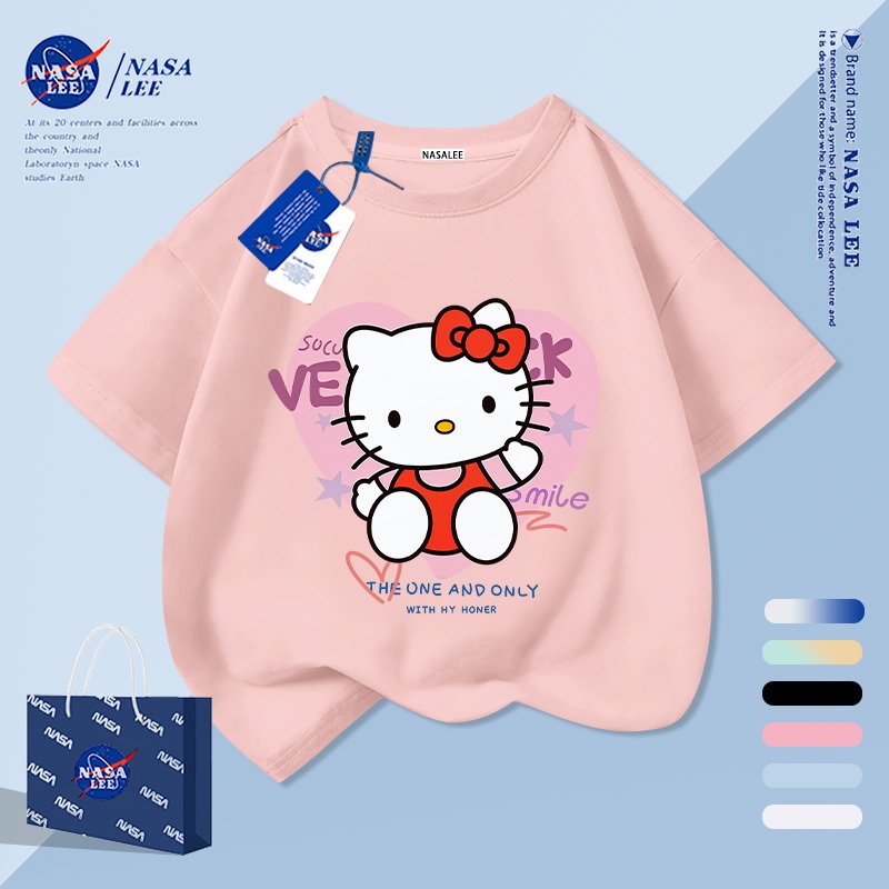 【จัดส่งภายใน 1 วันในกรุงเทพฯ】เสื้อยืดเด็กสีชมพูผ้าฝ้ายแท้ระบายอากาศดี ลายการ์ตูนคิตตี้ (Hello Kitty) น่ารักน่าเอ็นดู ให้ฟีลเกาหลี เหมาะสำหรับอายุ 3-16 ปี ทรงหลวมสบาย แขนสั้น