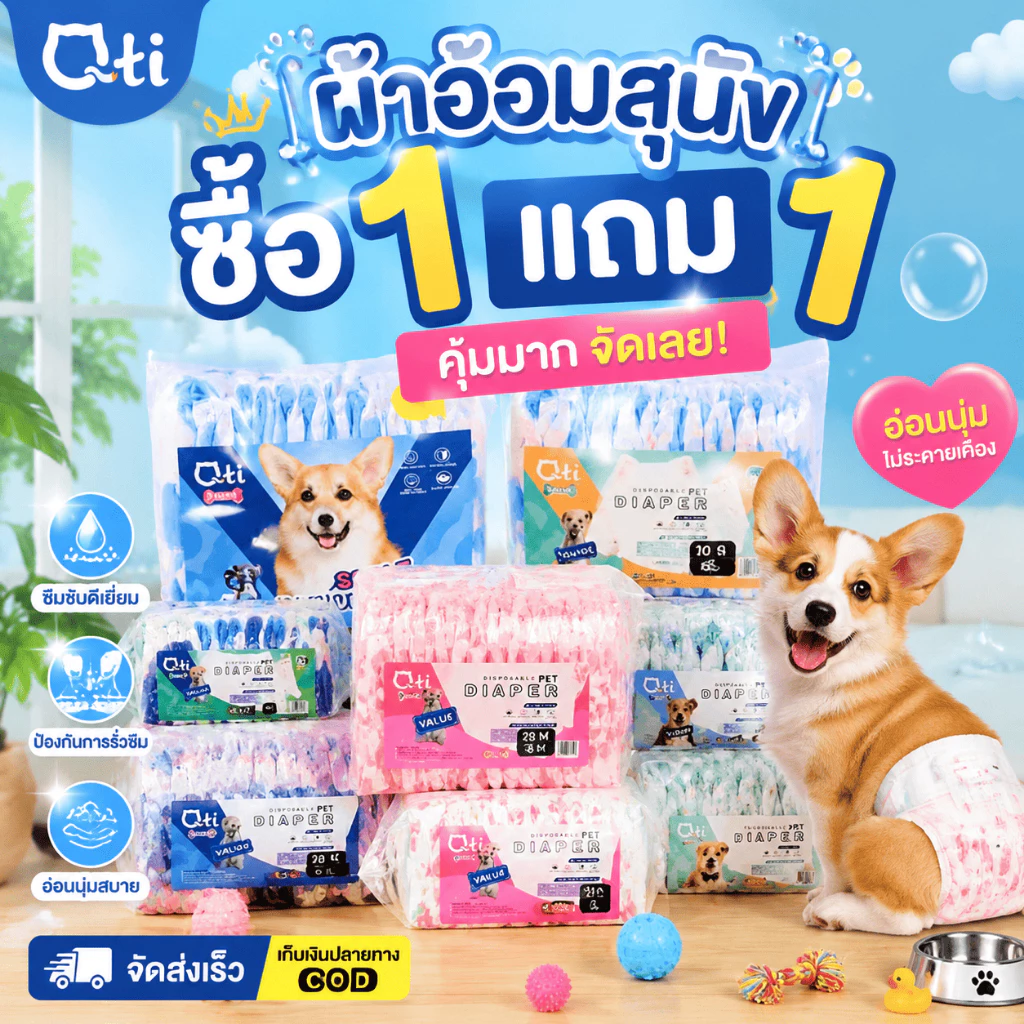 🐱ซื้อ 1 แถม 1🐶Qti ผ้าอ้อมสุนัข ซึมซับดีมากตลอดคืน ตัวเมีย ผ้าอ้อมสุนัข ตัวผู้ ผ้าอ้อมสุนัข สวมง่าย แนบเนื้อ สบายตัว