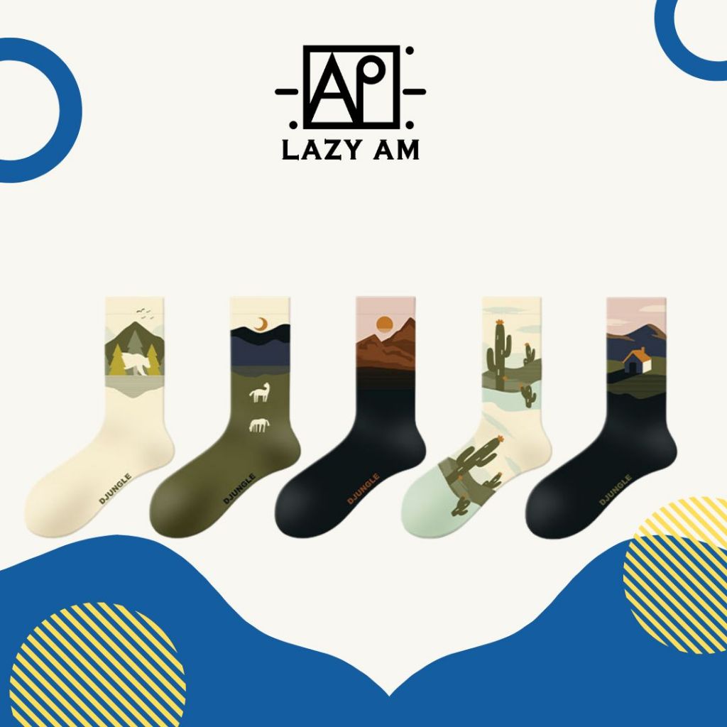 LAZYAM ถุงเท้ายาวลายวิววินเทจ ผ้าฝ้ายนุ่ม ระบายอากาศ สไตล์มินิมอลแฟชั่น