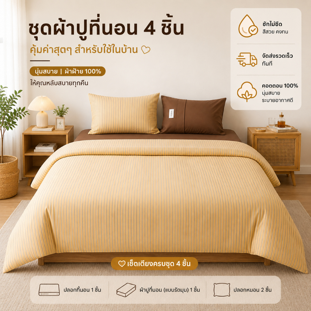 <Ready Stock> ชุดผ้าปูเตียง 4 ชิ้น ลายทางและลายหัวใจน่ารัก เนื้อนุ่มระบายอากาศดี ผ้าปูที่นอนเรียบลื่น หลายสไตล์ ใส่ได้ทุกขนาด 3ฟุต 3.5ฟุต 5ฟุต 6ฟุต