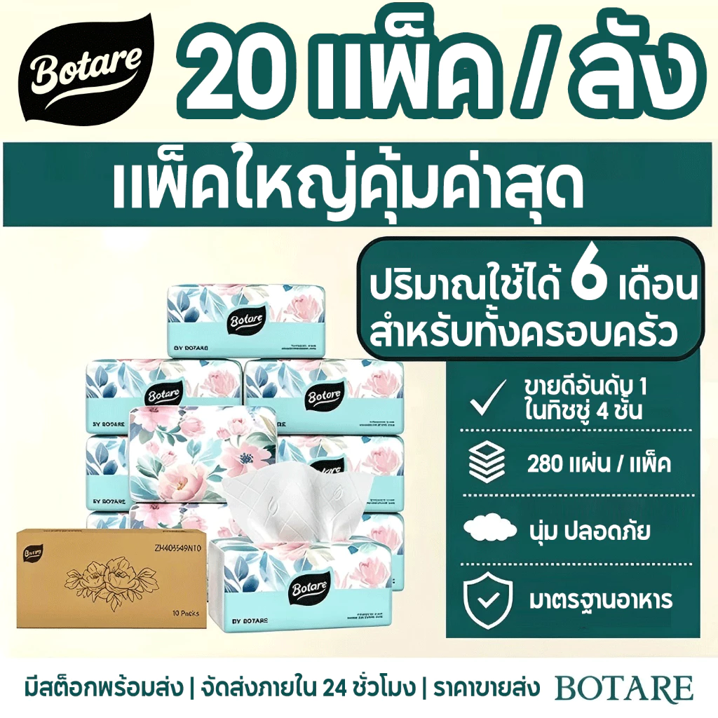 【20 แพ็ค】 Botare ทิชชู่คุณภาพสูง 4 ชั้น 5600 แผ่น เยื่อไม้บริสุทธิ์ 100% นุ่ม หรู ใช้ได้ทั้งเช็ดหน้าและเช็ดครัว แบบแขวน สบายผิว