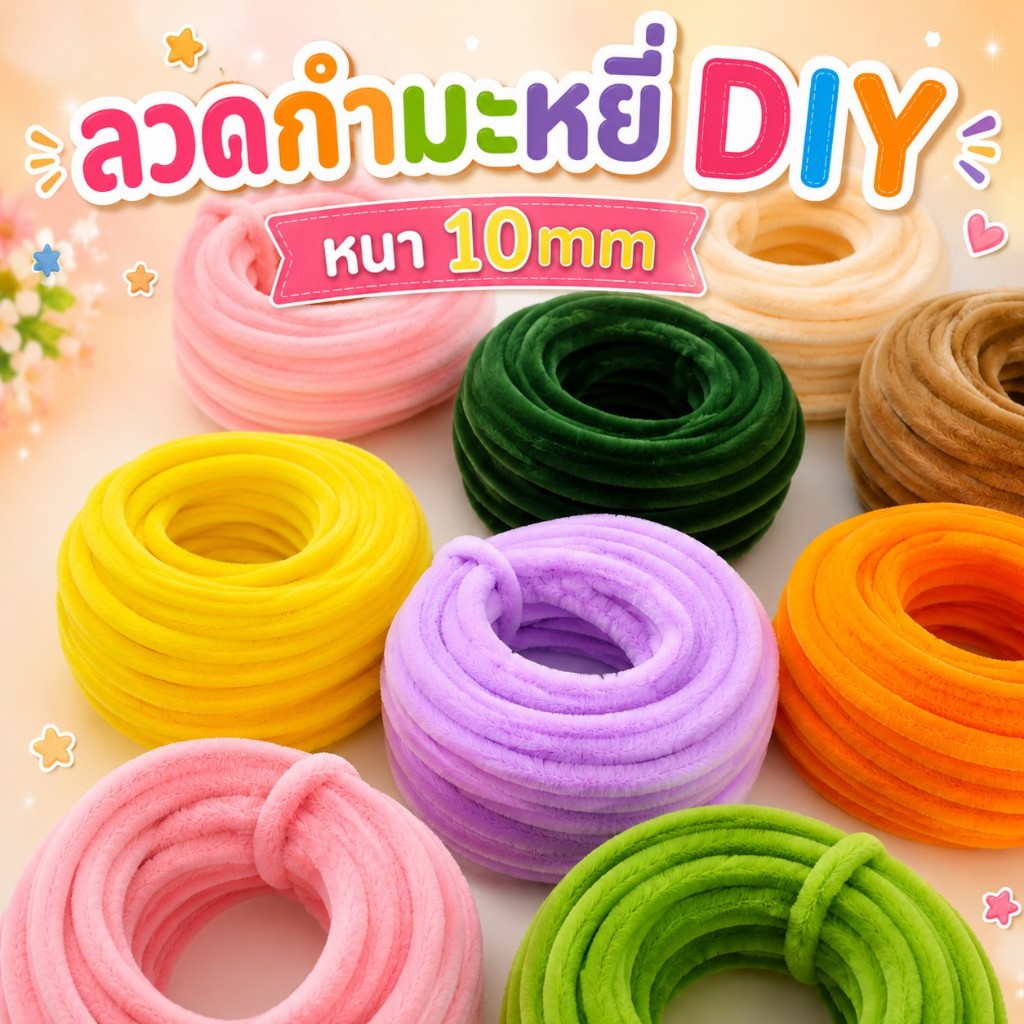 ลวดกำมะหยี่ หนา 10mm เส้นขนฟู  สีสันสดใส ไม่หลุดร่วง ดัดง่าย นุ่มมือ แยกสี งานฝีมือ ประดิษฐดอกไม้