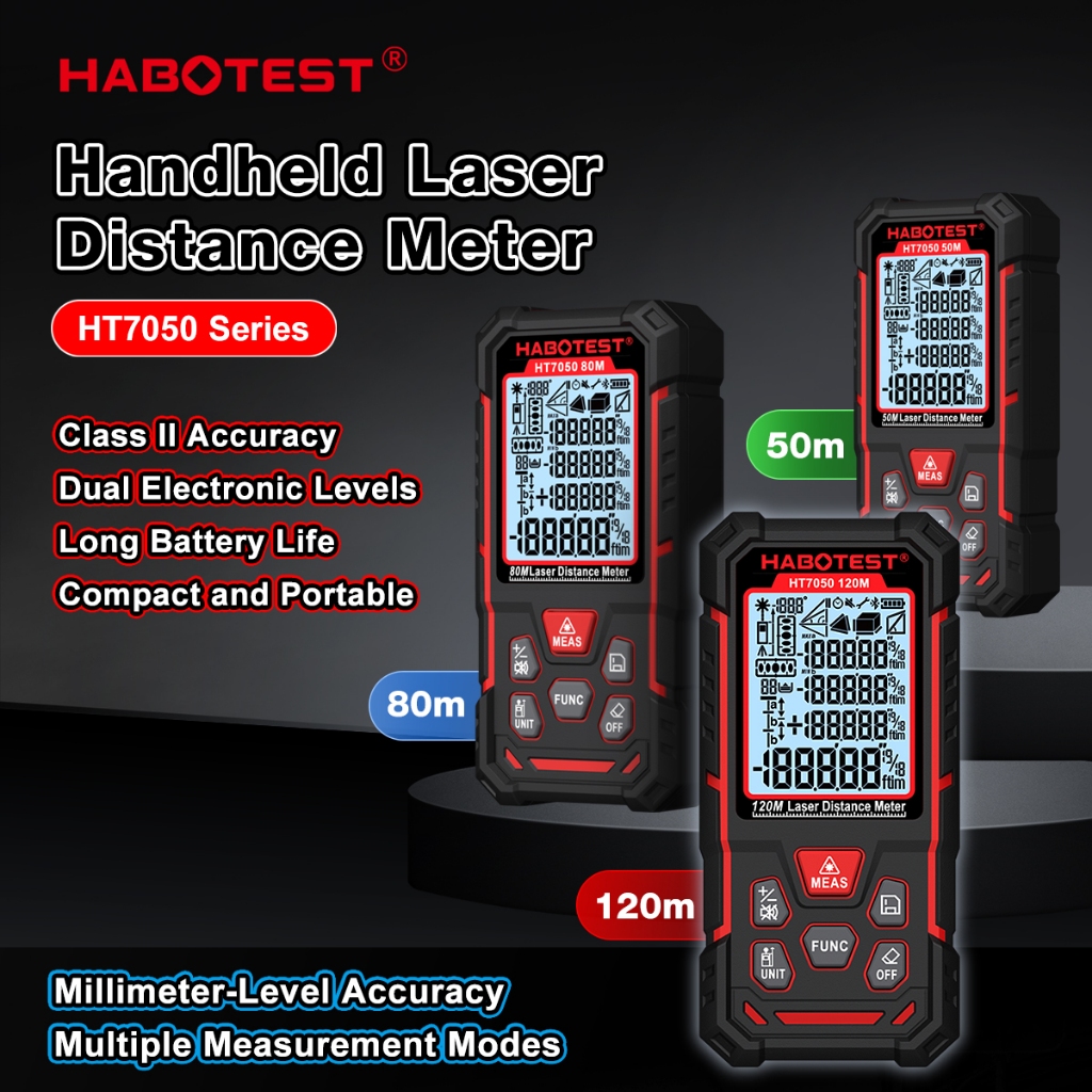 HABOTEST HT7050 เครื่องวัดระยะเลเซอร์แบบใช้มือถือจอแสดงผลดิจิตอลความแม่นยําสูง
