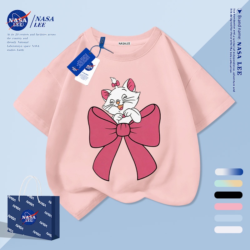 【จัดส่งภายใน 1 วันในกรุงเทพฯ】เสื้อยืดเด็กสีชมพูผ้าฝ้ายแท้ระบายอากาศดี ลายการ์ตูนน่ารักผีเสื้อและแมว ให้ฟีลเกาหลี เหมาะสำหรับอายุ 3-16 ปี ทรงหลวมสบาย แขนสั้น