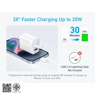 ANKER Charger 20W USB C Plug, iPhone Dual Port 1 USB-C และ 1 USB-A Fast Wall Charger, ใช้งานร่วมกับ iPhone 16/16 Pro Max/15 Series/iPad Pro และอื่นๆ