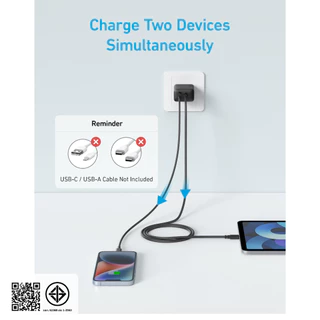 ANKER Charger 20W USB C Plug, iPhone Dual Port 1 USB-C และ 1 USB-A Fast Wall Charger, ใช้งานร่วมกับ iPhone 16/16 Pro Max/15 Series/iPad Pro และอื่นๆ