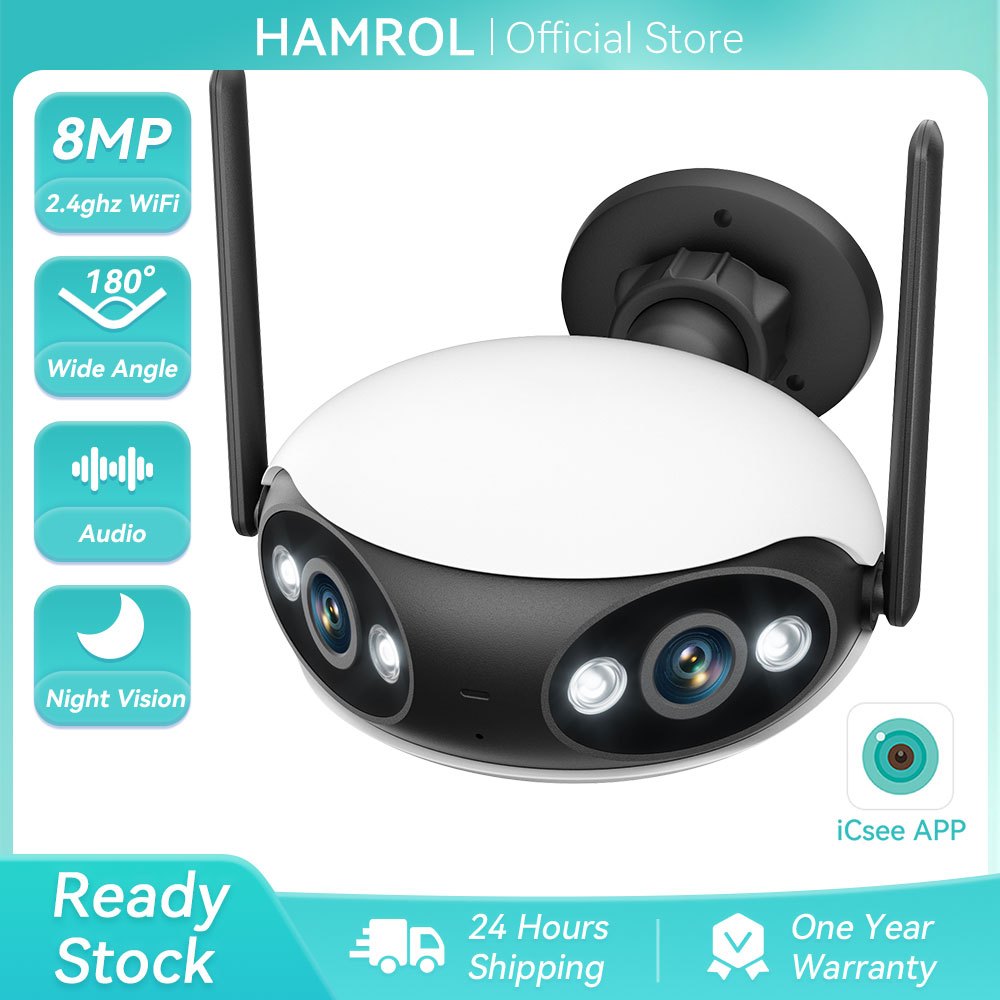 Hamrol 4K 8MP 180 ° Wireless Wide Angle Camera  Waterproof Color Night Vision Mobile CCTV