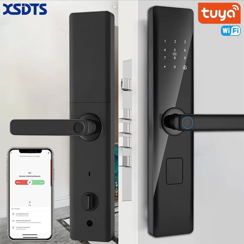 Tuya สมาร์ทล็อค Wirelss พร้อมรหัสผ่านลายนิ้วมือ IC การ์ดปลดล็อค USB ชาร์จฉุกเฉินจับทิศทางปรับได้ ล็อคประตูดิจิตอล