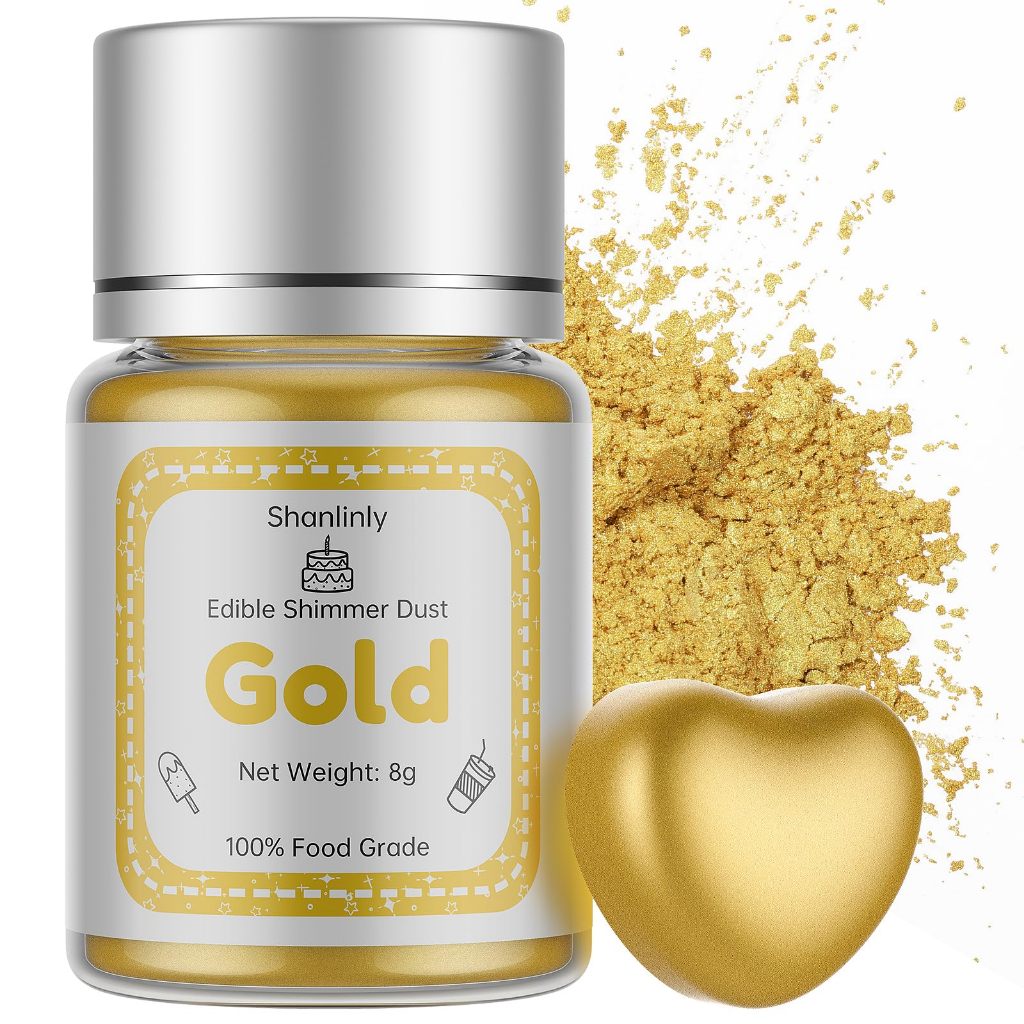 ฝุ่นชิมเมอร์สีทองที่กินได้ 8g – Shanlinly ฝุ่นความมันวาวโลหะเกรดอาหาร, Kosher สีอาหารมังสวิรัติสําหรับเค้ก, ช็อคโกแลต, ขนมหวานและเครื่องดื่มตกแต่ง