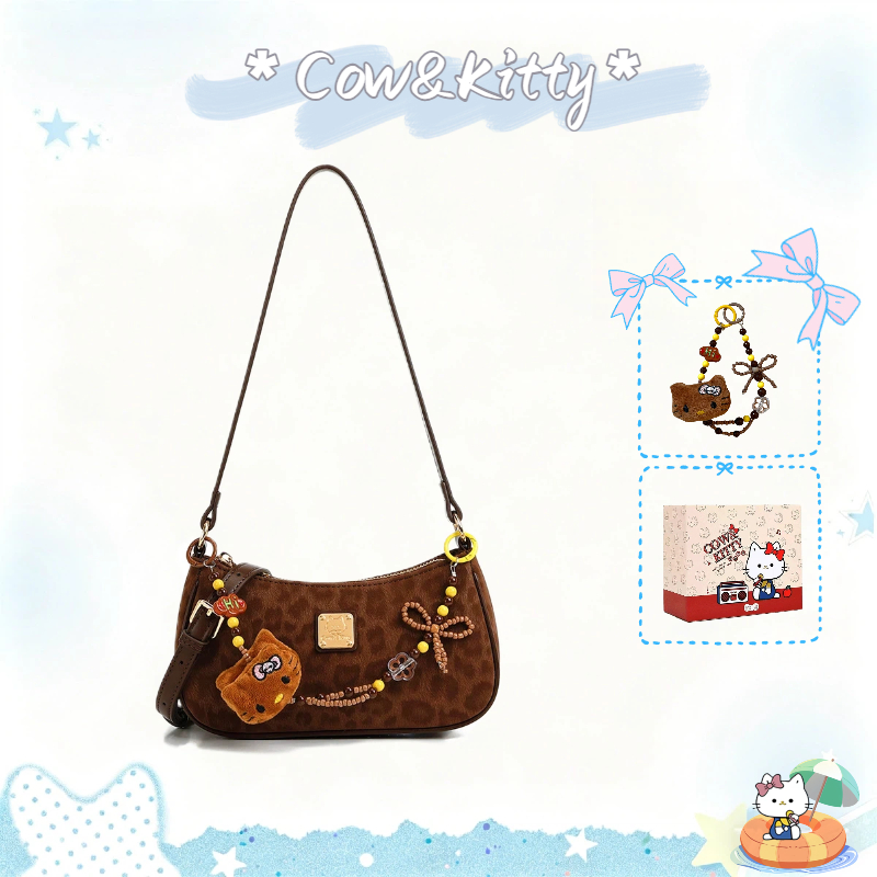 Cow&Kitty กระเป๋าสะพายข้างดีไซน์ครึ่งวงเดือน สีน้ำตาล พิมพ์ลายเสือดาว