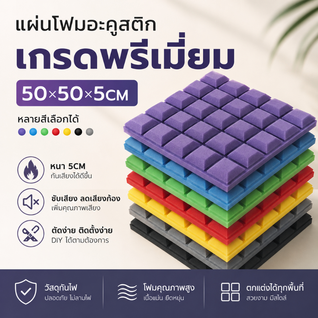 (1 แผ่น/ขนาดใหญ่) แผ่นซับเสียง 50*50*5CM ฟองน้ำซับเสียง มาพร้อมกับแผ่นกาว ลดเสียงสะท้อน เกรดกันไฟลาม