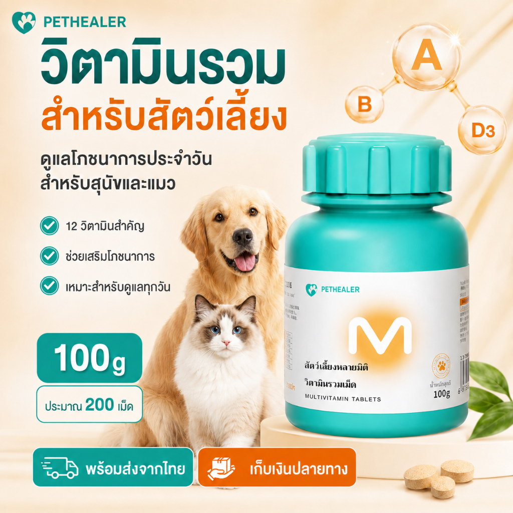 PETHEALER วิตามินรวมสัตว์เลี้ยง สำหรับสุนัขและแมว แบบเม็ด 100g ประมาณ 200 เม็ด พร้อมส่งไทย เก็บเงินปลายทาง