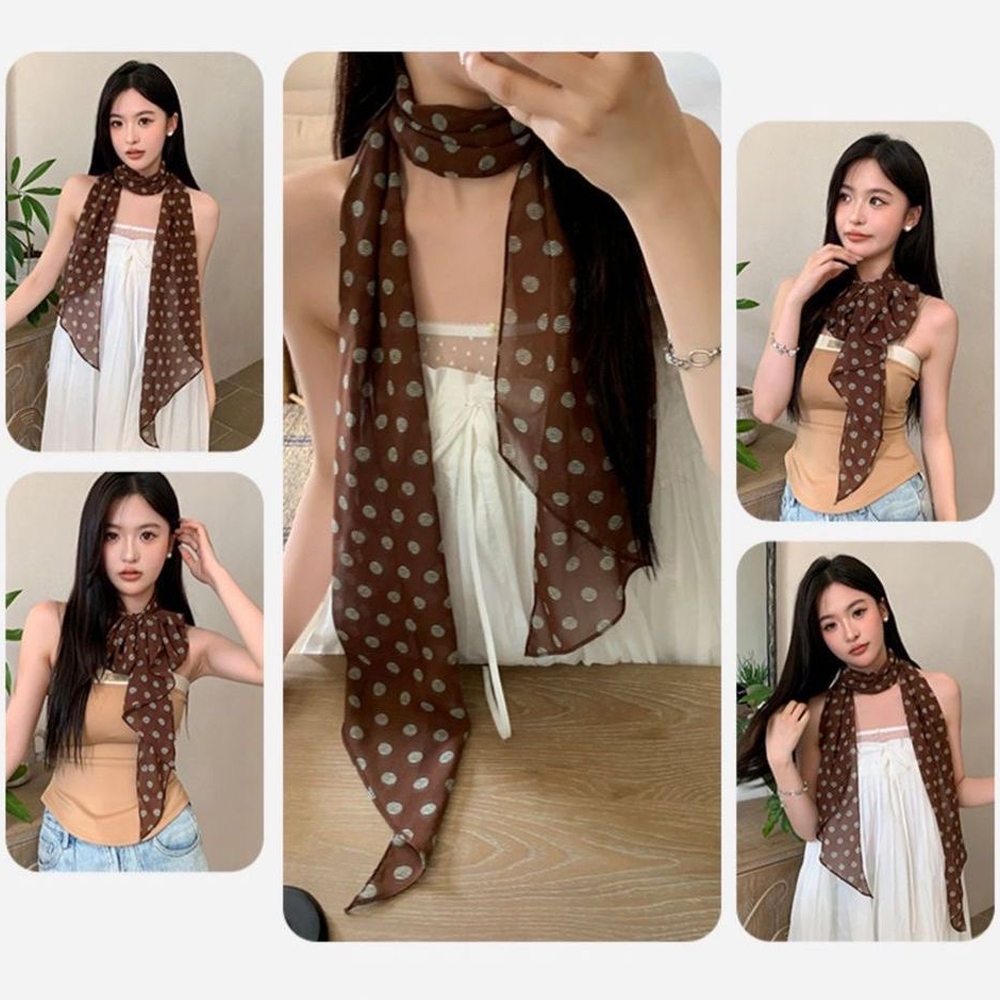 ผ้าชีฟอง ผ้าพันคอผ้าไหมยาวลายจุดสีน้ำตาลสำหรับผู้หญิง ขนาด 175*20 ซม. เครื่องประดับแฟชั่นยอดนิยม J101