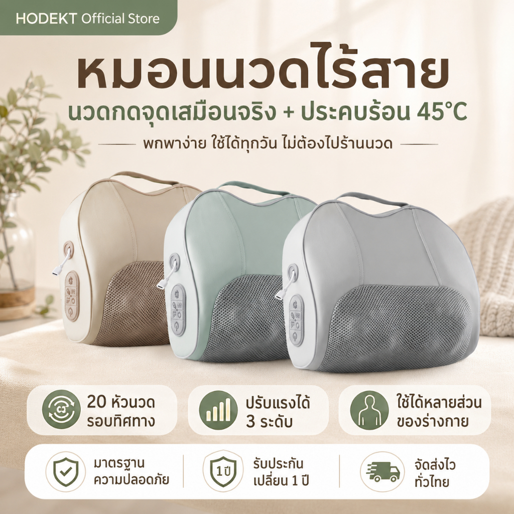 HODEKT หมอนนวดคอไฟฟ้าไร้สาย เครื่องนวดคอ บ่า ไหล่ ประคบร้อน นวด 3D รับประกัน 1 ปี