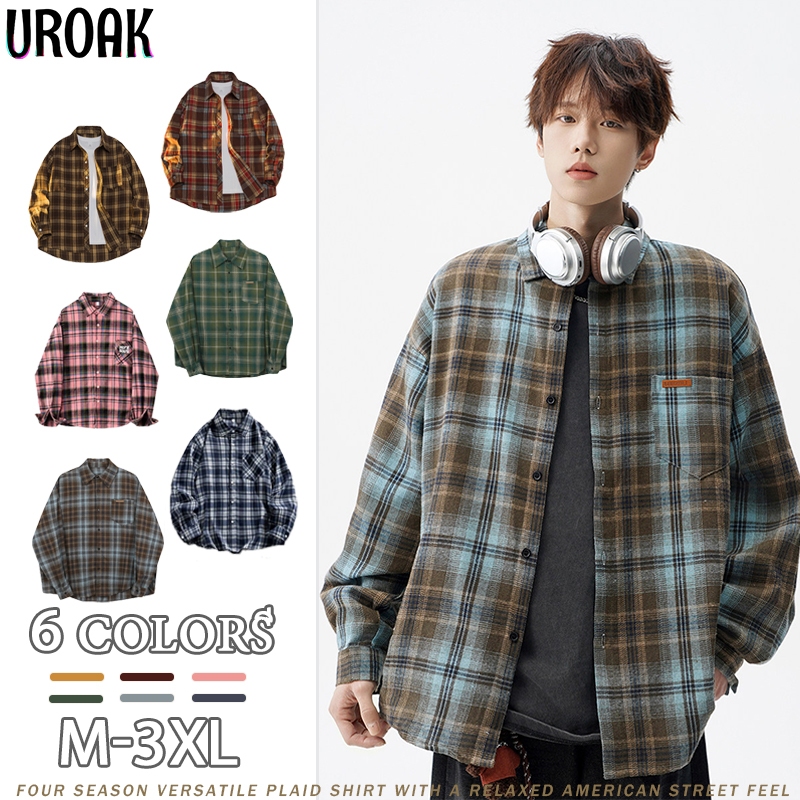 💥URAOK💥เสื้อเชิ้ตลายสก๊อตผู้ชาย สไตล์เกาหลีและญี่ปุ่น ผ้าระบายอากาศนุ่ม หลากสีและไซส์ #songkran M-3XL Unisex ผ้านุ่ม ทรงหลวม ลายสก๊อต แฟชั่นฤดูร้อน