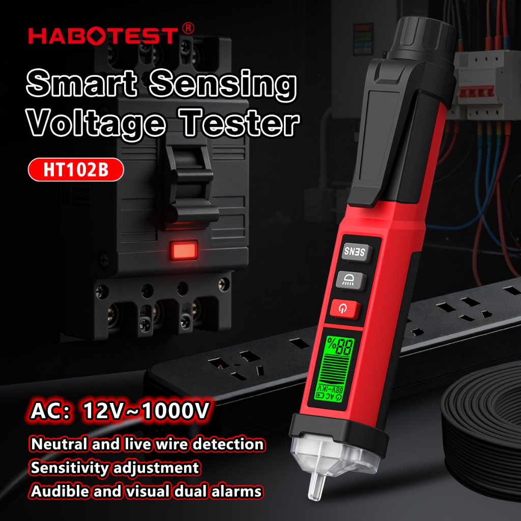 HABOTEST HT102B 12V-1000V เครื่องทดสอบแรงดันไฟฟ้าอัจฉริยะแบบไม่สัมผัส (NCV) สําหรับการตรวจจับเบรกพอยต์และการระบุสายไฟสด/เป็นกลาง