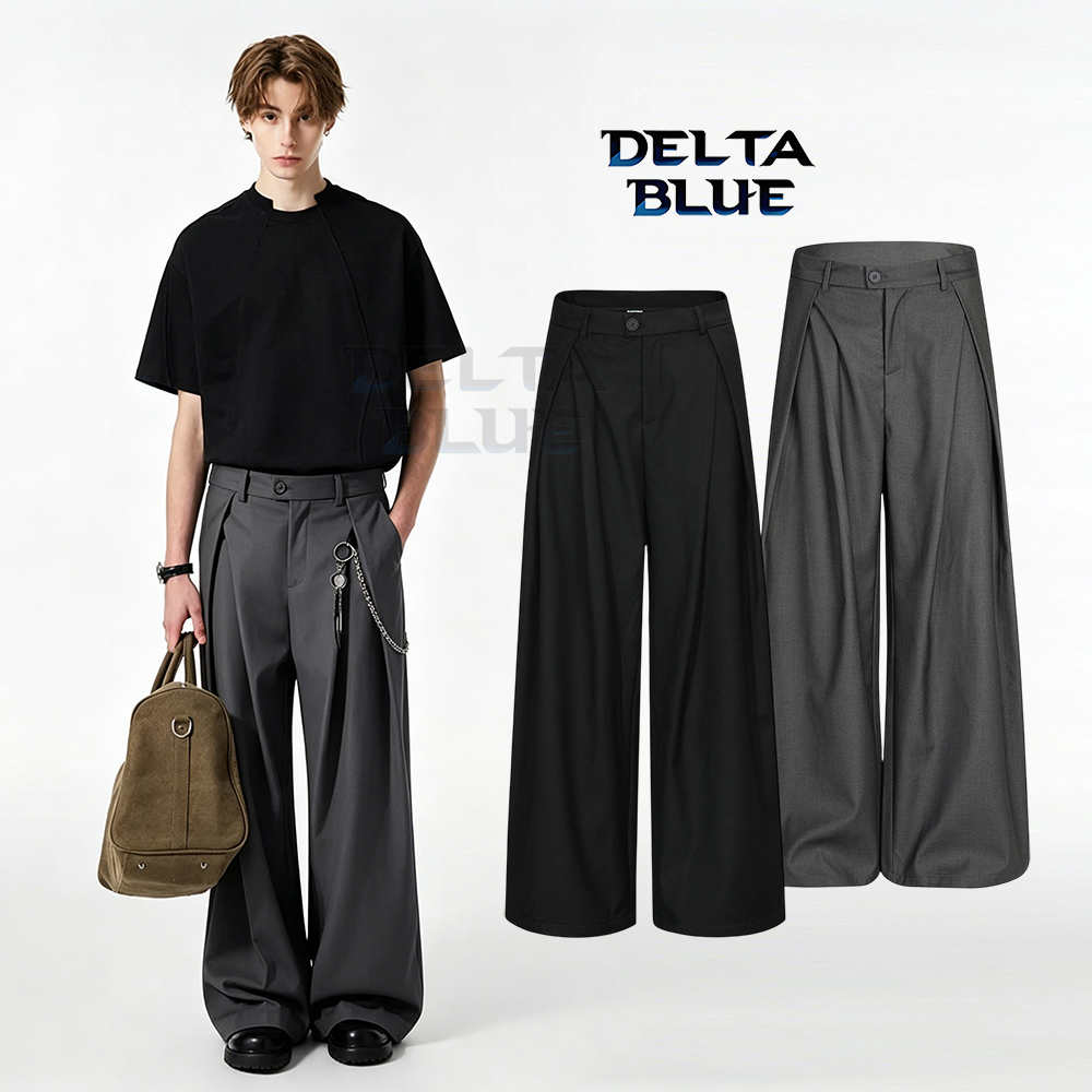 【จัดส่งฟรี】DELTA BLUE กางเกงสูทผู้ชายสีดำ/เทา ขากว้างทรงเอวสูง Cleanfit ทรงหลวมดี ไม่ยับ ใส่สบาย Unisex สไตล์มินิมอล 2026 ยอดฮิต