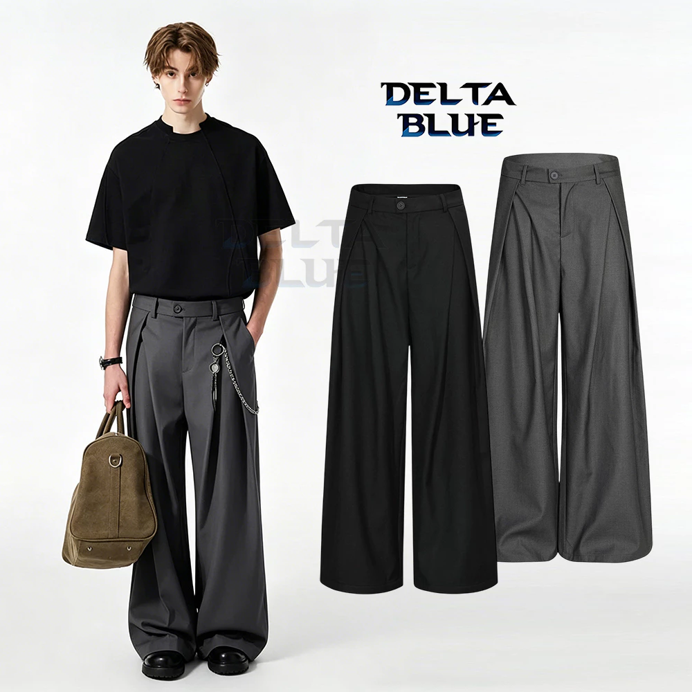 DELTA BLUE กางเกงสูทผู้ชายสีดำ/เทา ขากว้างทรงเอวสูง Cleanfit ทรงหลวมดี ไม่ยับ ใส่สบาย Unisex สไตล์มินิมอล 2026 ยอดฮิต【จัดส่งฟรี】