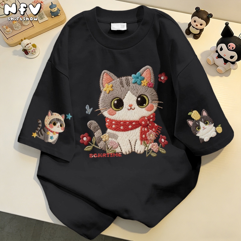 【จัดส่ง 24 ชม.】NFV 🐾 เสื้อยืดลายลูกแมว ไซส์ใหญ่ ทรงหลวม ใส่สบาย สไตล์เรียบง่าย YG4769