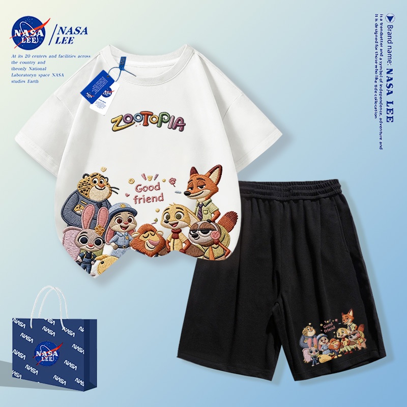 【จัดส่งในวันเดียวกัน】NASA ชุดเด็กแขนสั้นและกางเกงขาสั้น ลายเพื่อนสัตว์น่ารักรวมตัว สไตล์สปอร์ตสุดเท่ สำหรับเด็กชายและเด็กหญิง 2 ชิ้น