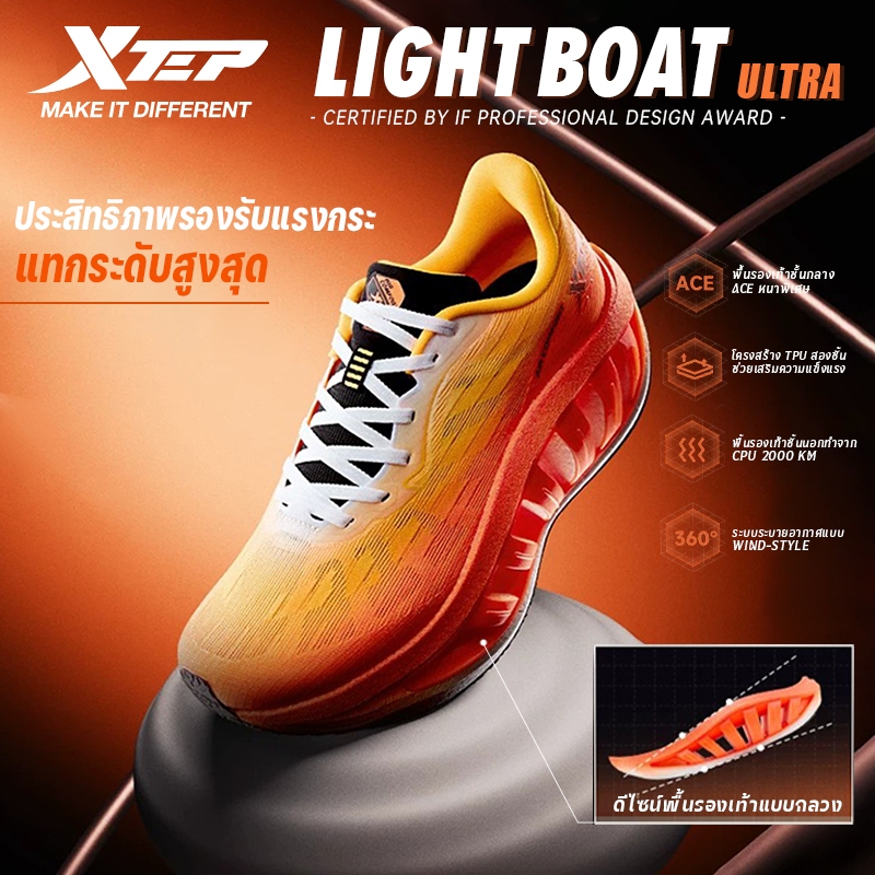 XTEP Light Boat Ultra รางวัลออกแบบ Red Dot ของเยอรมนี รองเท้าวิ่งกันกระแทกมีกระดูกงูแบบเจาะรู พื้นหนาพิเศษรองรับอุ้งเท้า รองเท้าวิ่งสบายสำหรับฟื้นฟู