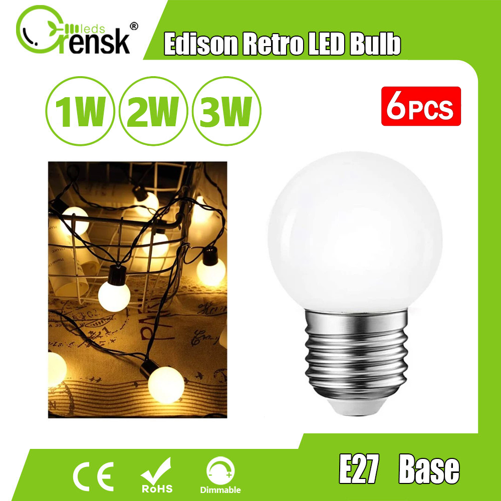 หลอดไฟ LED Edison E27 Globe โคมไฟ 6PCS G45 1W 2W 3W หลอดไฟประหยัดพลังงานวัสดุ PC 220V Warm White Pin
