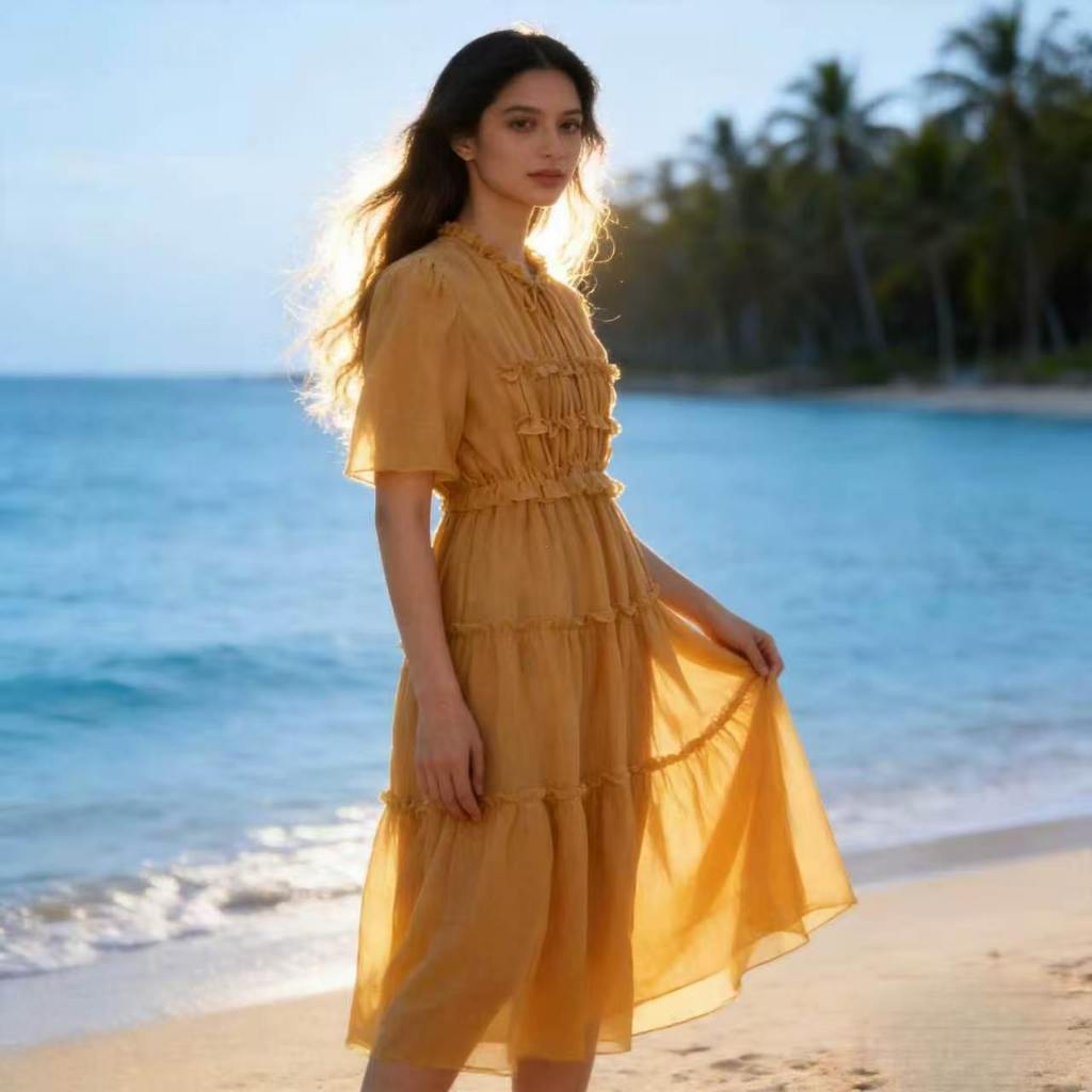 ชุดเดรสชายหาดสีทึบสไตล์วันหยุดฝรั่งเศสอ่อนโยนเอวแคบแขนสั้นขอบเชื้อราเค้กกระโปรงยาว