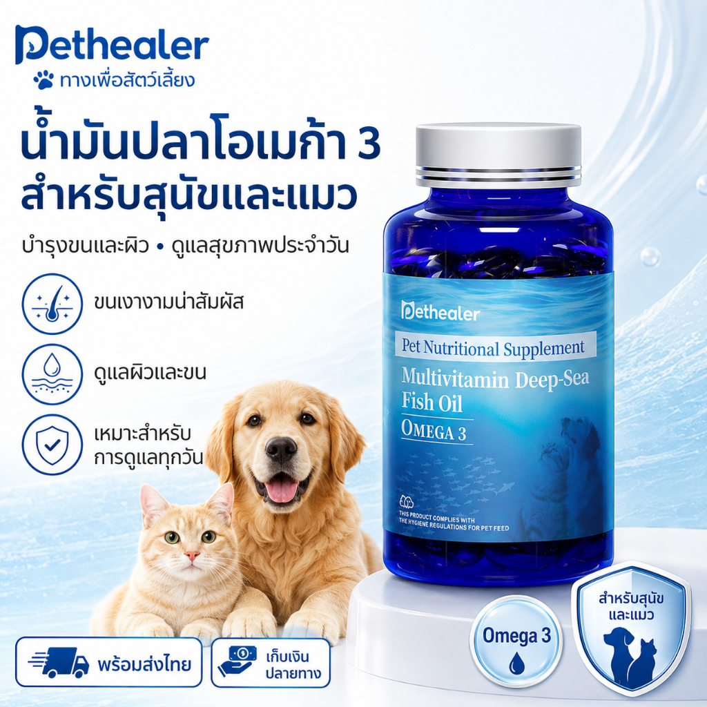 PETHEALER น้ำมันปลา Omega 3 สำหรับสุนัขและแมว บำรุงขนและผิวหนัง 100 แคปซูล พร้อมส่งไทย COD
