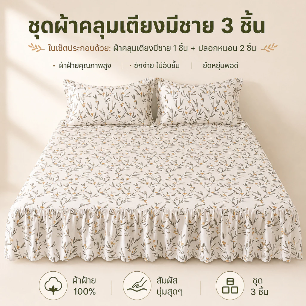 ชุดผ้าปูเตียงกระโปรง ลายดอกไม้วินเทจ 3 ชิ้น สำหรับเตียง 3/3.5/5/6/6.5 ฟุต