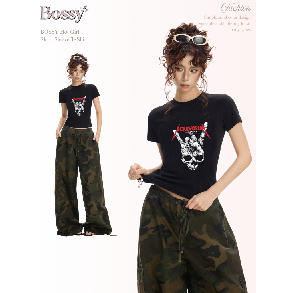 BOSSY สไตล์อเมริกันสลิมแสดงผอมสั้นด้านบนผ้าฝ้ายเสื้อยืดสำหรับผู้หญิง เสื้อคู่รัก เสื้อยืดผู้หญิงแฟชั่น เสื้อยืดเซ็กซี่ ผ้าฝ้าย100%#E+1949