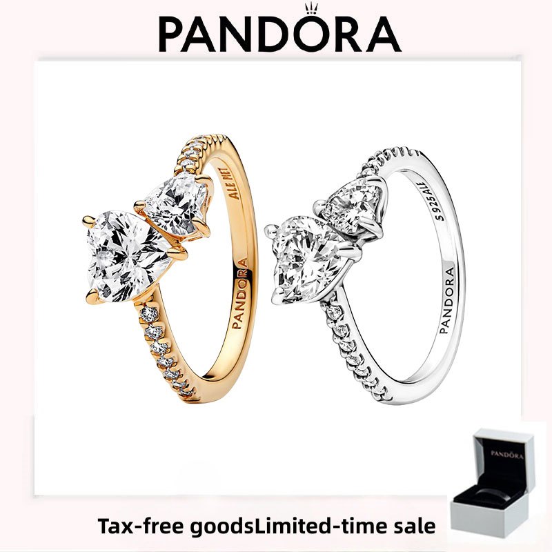อุปกรณ์เสริม PANDORA (พร้อมกล่อง) คุณภาพสูง Luxury Holiday Love Gift Double Heart Sparkling Ring