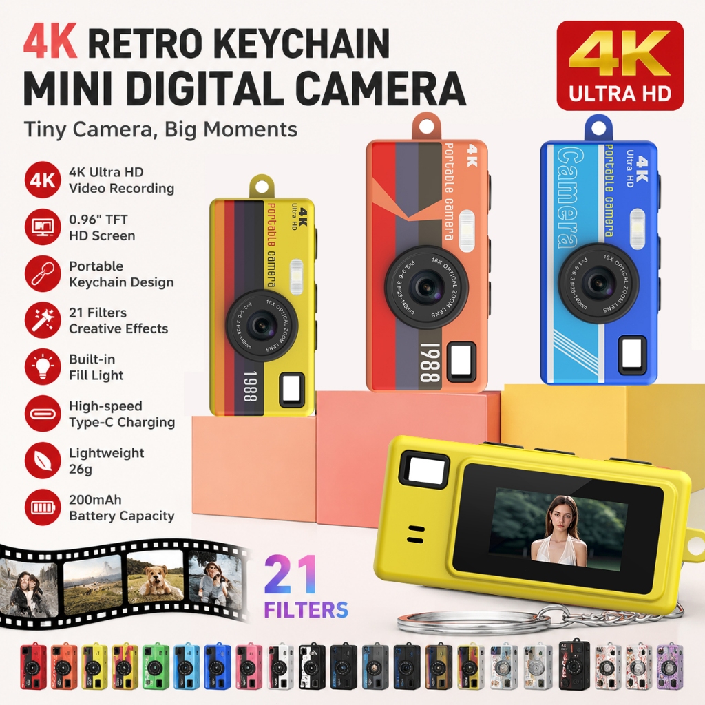 กล้องแอคชั่นแคมเมราขนาดเล็ก 4K แบบพกพาพร้อมหน้าจอ LCD | กล้องดิจิตอลขนาดกะทัดรัดพิเศษสําหรับการเดินทางสัตว์เลี้ยงเด็กและ วิดีโอบล็อก รายวัน