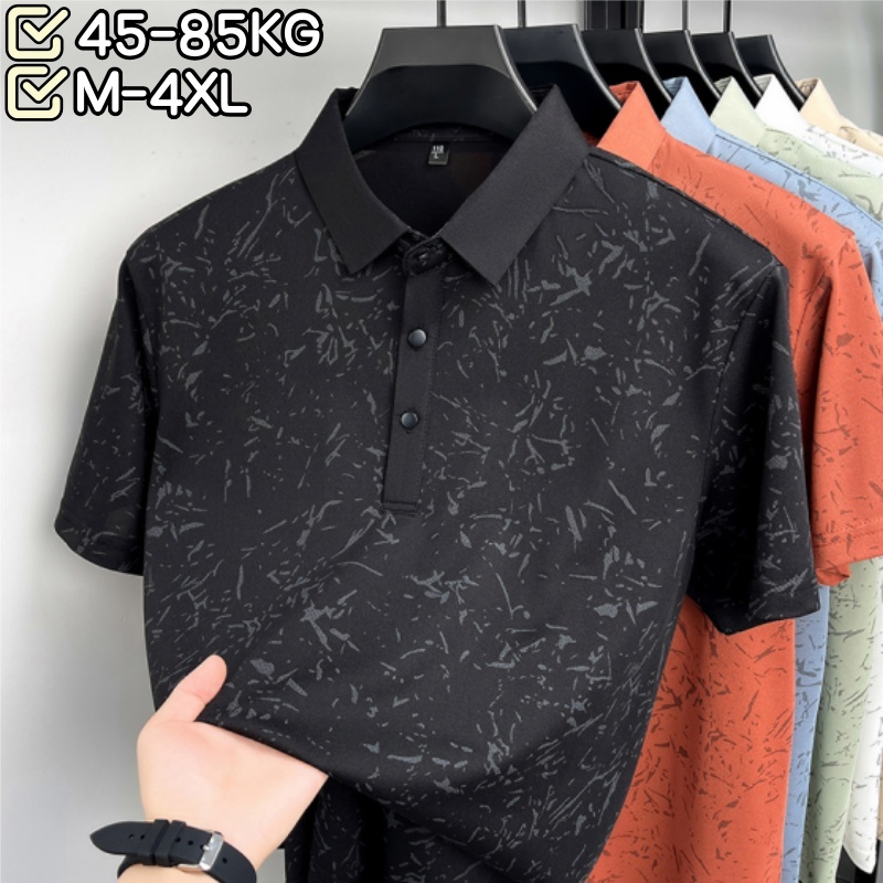 [คุณภาพดี 45-85 กก.] M-4XL ฤดูร้อนสไตล์อเมริกันบวกไขมันขนาดบวกธุรกิจผ้าไหมน้ําแข็งลําลองยืดเสื้อโปโลผู้ชายสลิมฟิตปกพรางด้านบนสวมใส่ด้านนอก