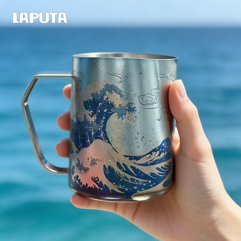 LAPUTA LAPUTA Wave Chasing Pure Titanium Latte Tank Coffee Milk Foam Cup Latte Burnt Blue Hand-Made 