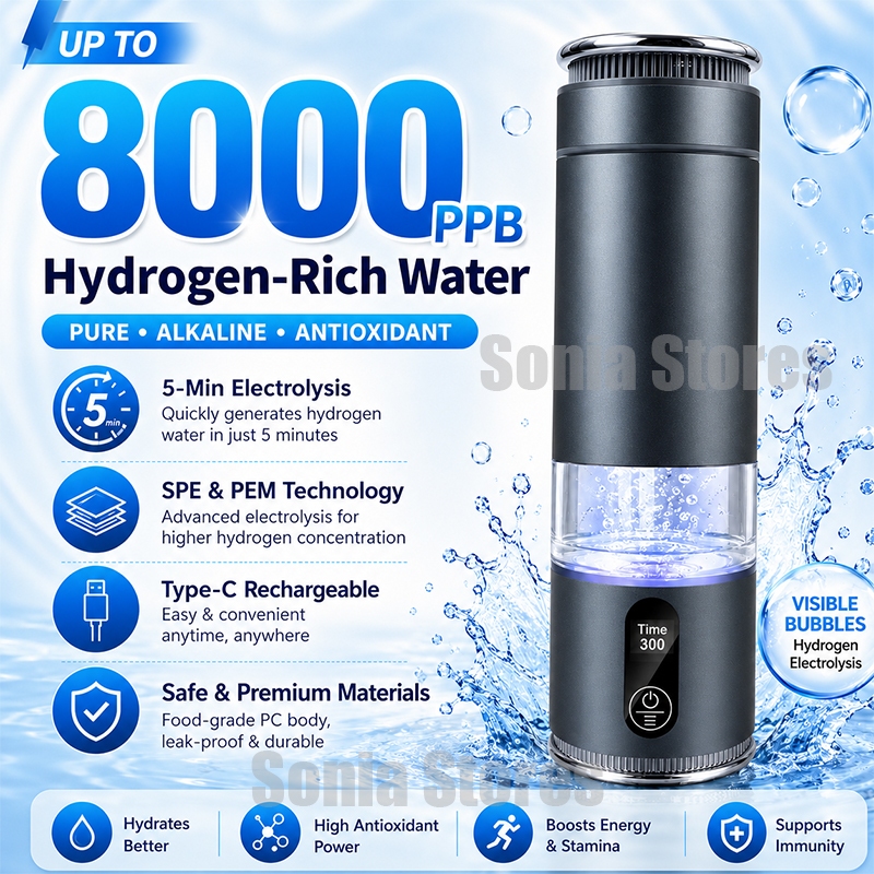 ขวดน้ําที่อุดมด้วยไฮโดรเจนแบบพกพา 5-Min Electrolysis 8000PPB ถ้วยเครื่องกําเนิดไฮโดรเจนพร้อมฟองที่มองเห็นได้ USB-C ขวดเดินทางแบบชาร์จไฟได้