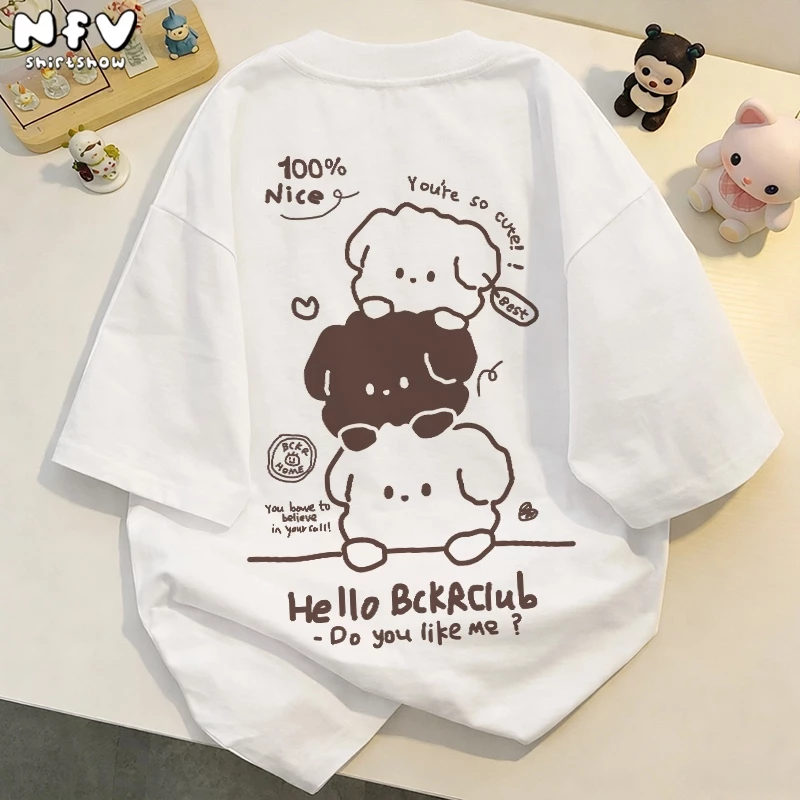 NFV เสื้อยืดลายน้องหมาน่ารักสไตล์เกาหลี ผ้าฝ้าย แขนสั้น โอเวอร์ไซซ์ ใส่สบาย ลายพิมพ์แฟชั่น YG1022