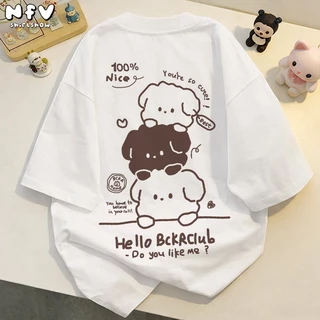 NFV เสื้อยืดลายน้องหมาน่ารักสไตล์เกาหลี ผ้าฝ้าย แขนสั้น โอเวอร์ไซซ์ ใส่สบาย ลายพิมพ์แฟชั่น YG1022