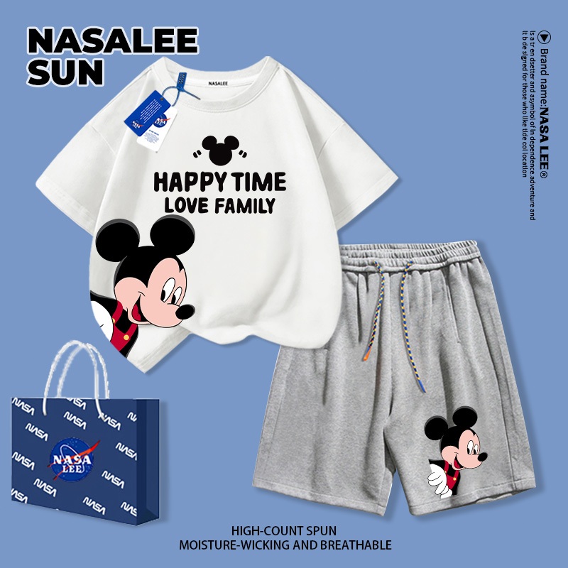 [จัดส่งในวันเดียวกัน] เด็กผ้าฝ้ายสีขาวกางเกงขาสั้นแขนสั้นชุดการ์ตูนน่ารักมิกกี้น่ารักรูปแบบตลก 3-16 ปีชายหญิงชุดลําลองสองชิ้น