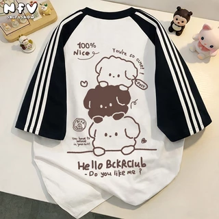 NFV เสื้อยืดลายน้องหมาน่ารักสไตล์เกาหลี ผ้าฝ้าย แขนสั้น โอเวอร์ไซซ์ ใส่สบาย ลายพิมพ์แฟชั่น YG1022