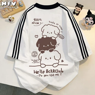NFV เสื้อยืดลายน้องหมาน่ารักสไตล์เกาหลี ผ้าฝ้าย แขนสั้น โอเวอร์ไซซ์ ใส่สบาย ลายพิมพ์แฟชั่น YG1022